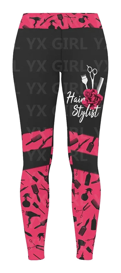Stylish hair stylist leggings for women featuring scissors and beauty tools on a pink and black design