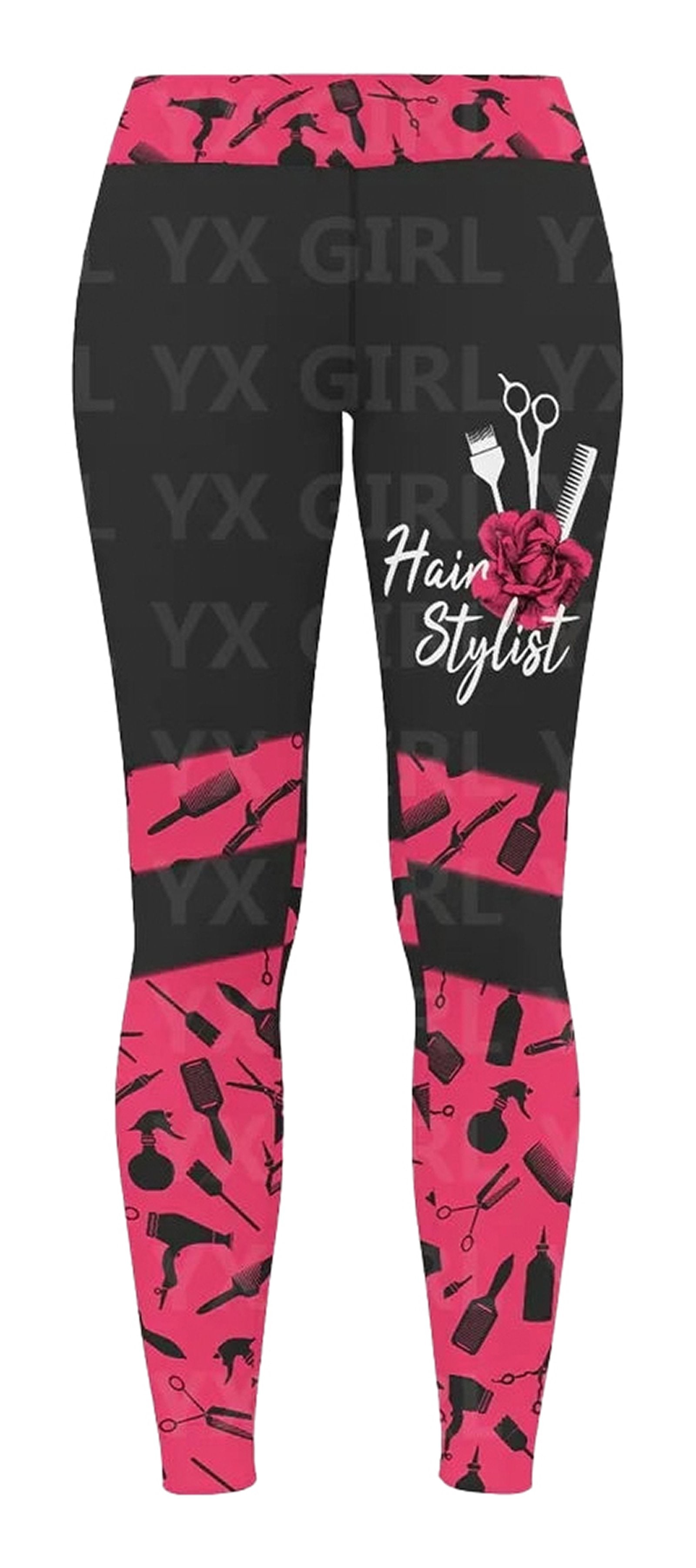 LuckeLadybug hair stylist leggings for women featuring pink patterns of tools and accessories