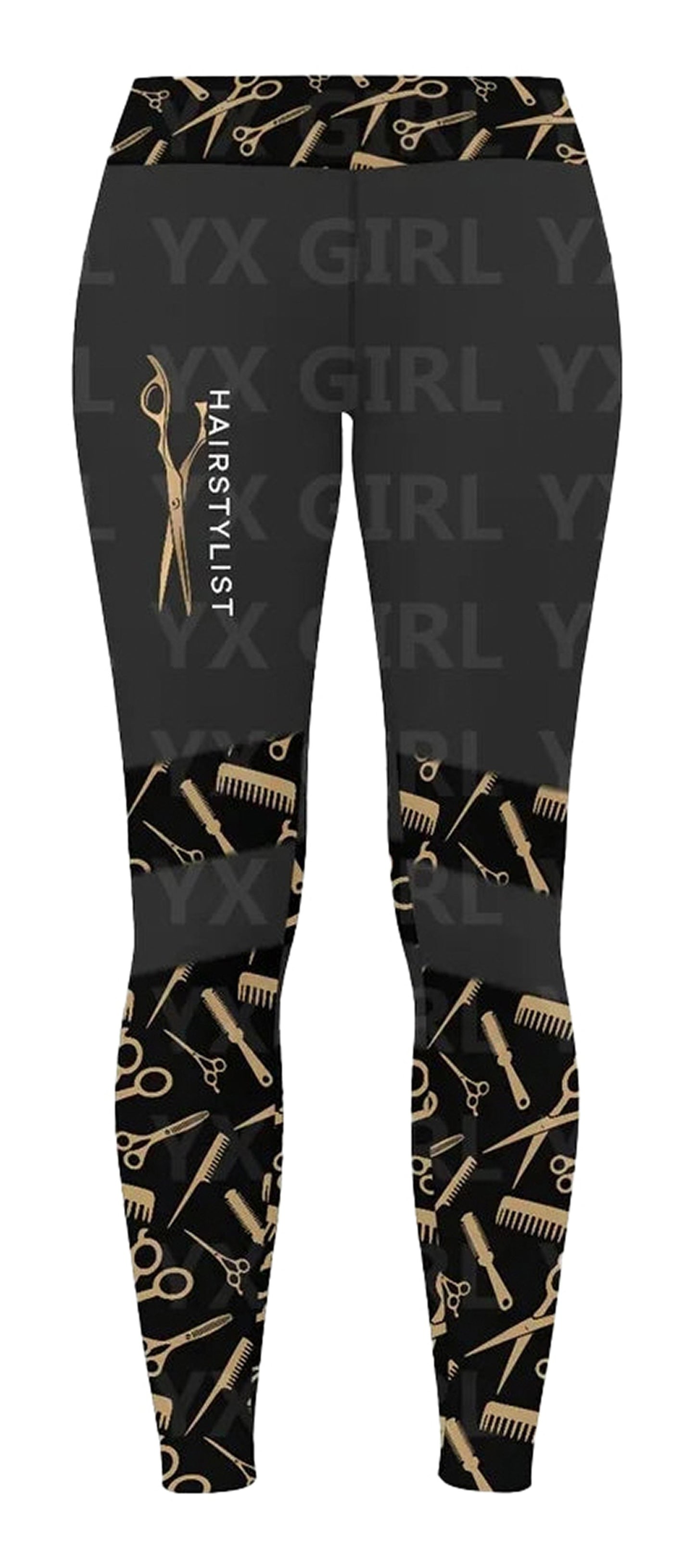 LuckeLadybug LLC hair stylist leggings for women with scissor and comb pattern in black and gold