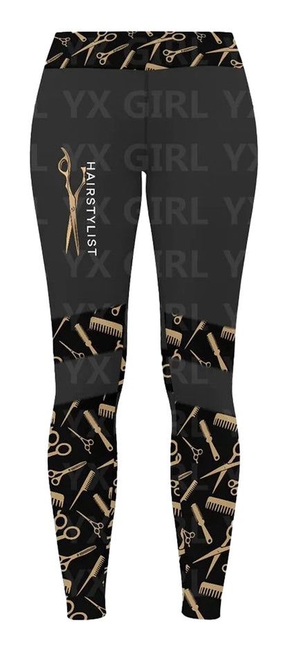 LuckeLadybug LLC hair stylist leggings for women with pattern of scissors and combs