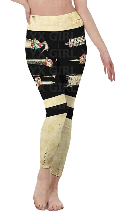 LuckeLadybug LLC hair stylist leggings for women featuring floral hair tools design on a black background