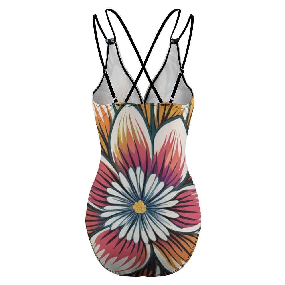 Luckeladybug zebra flower one-piece swimsuit with colorful floral design and crisscross black straps