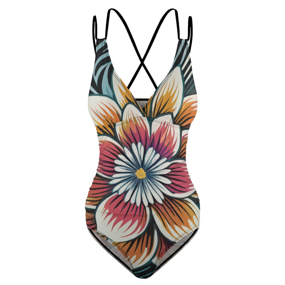 Luckeladybug zebra flower one-piece swimsuit with large colorful floral print and crisscross back straps