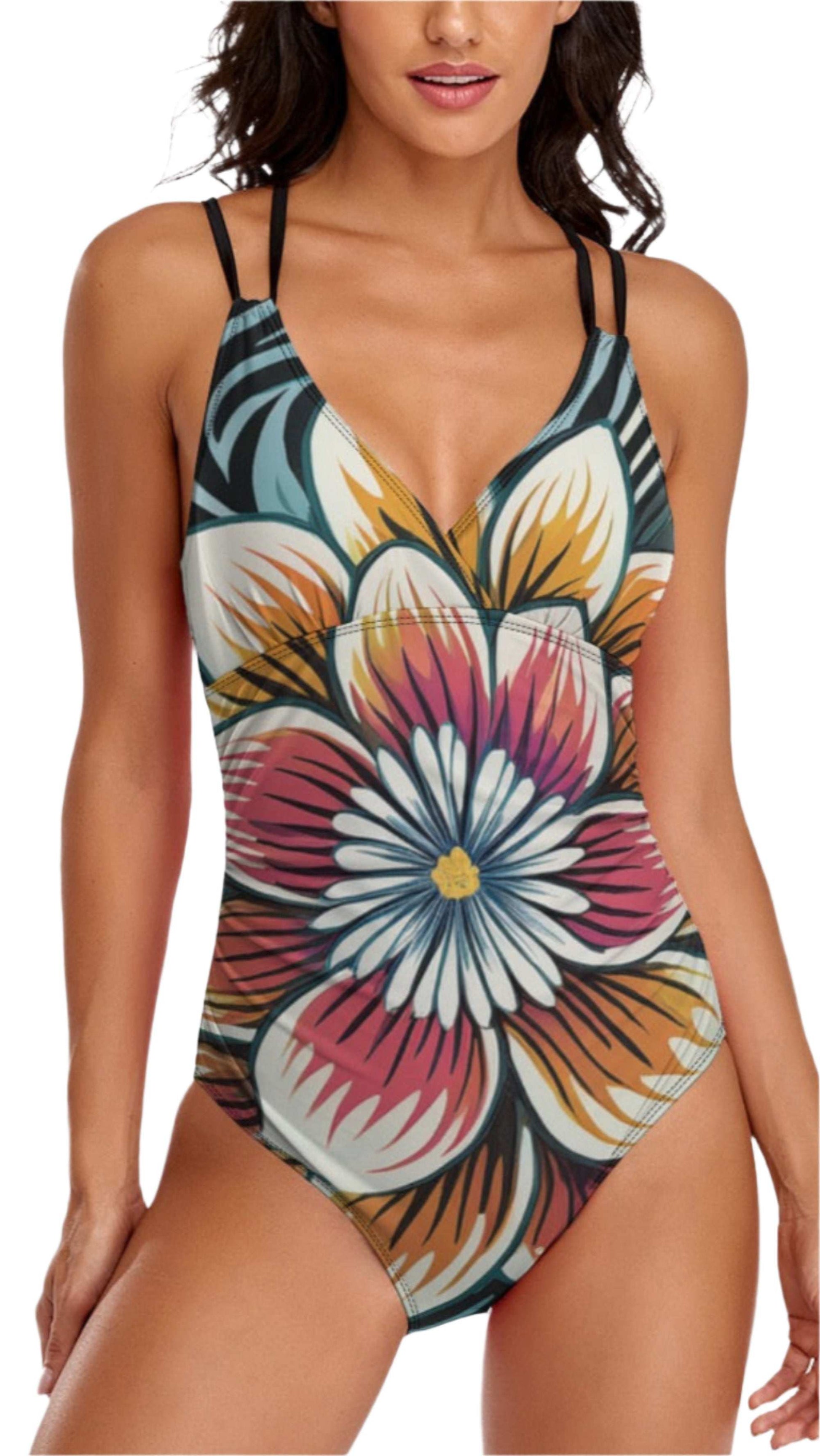 Luckeladybug zebra flower one-piece swimsuit with colorful floral print and double shoulder straps