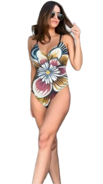 luckeladybug zebra flower one-piece swimsuit with large floral print and thin straps