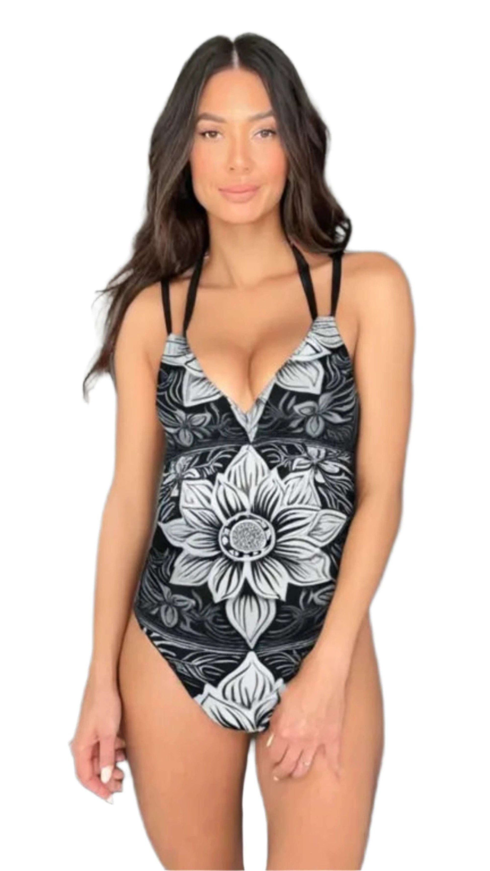 luckeladybug zebra flower one-piece swimsuit with black and white floral design and adjustable straps