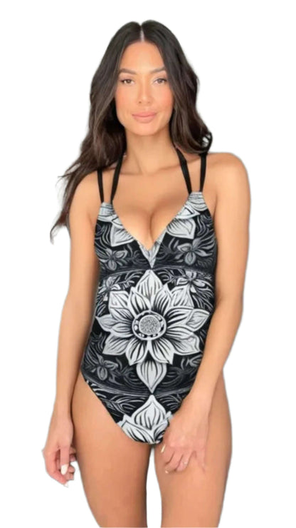 luckeladybug zebra flower one-piece swimsuit with black and white floral design and adjustable straps