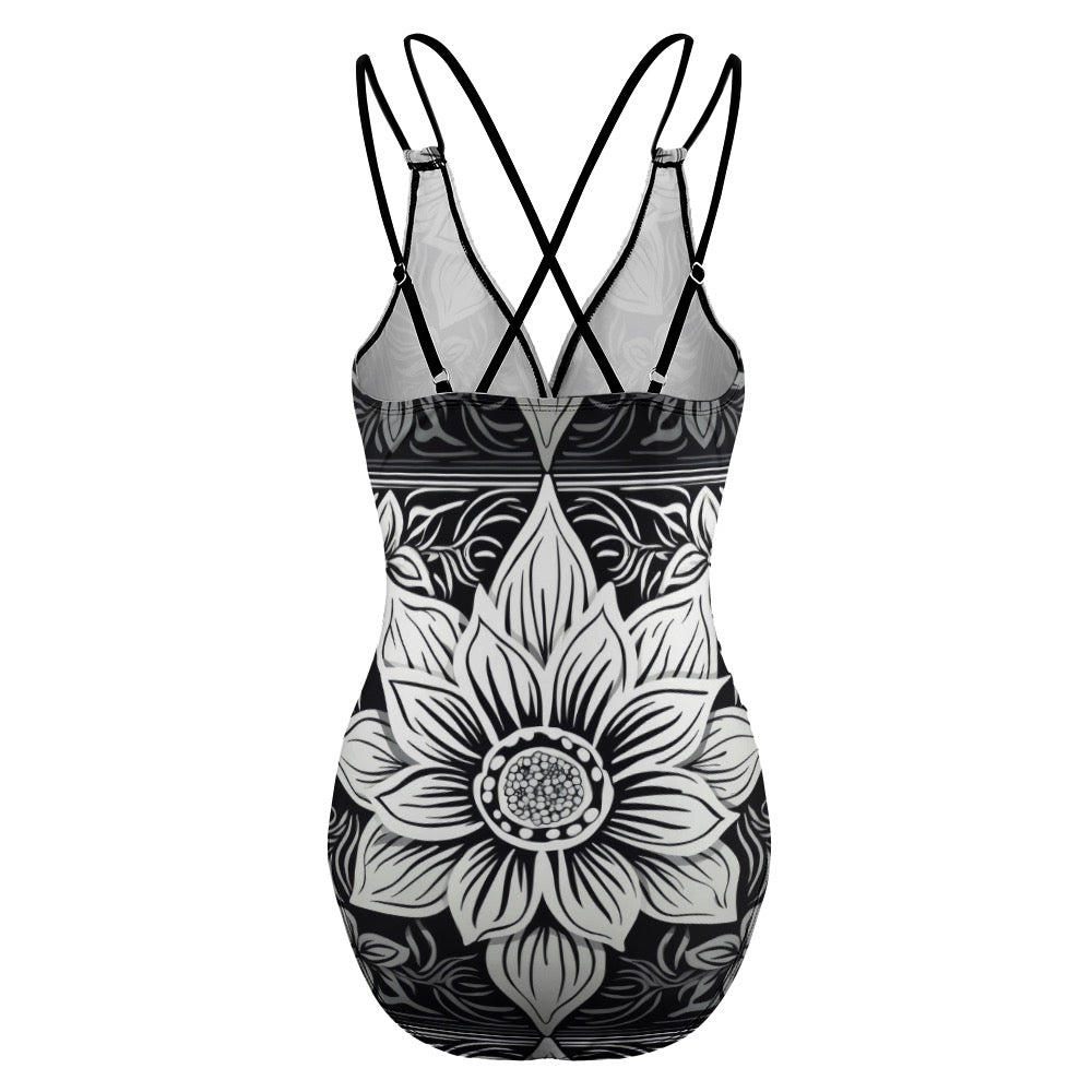 luckeladybug zebra flower one-piece swimsuit with black and white floral design and adjustable crossed straps