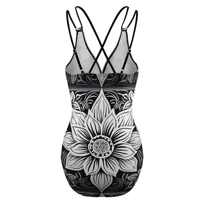 luckeladybug zebra flower one-piece swimsuit with black and white floral design and adjustable crossed straps