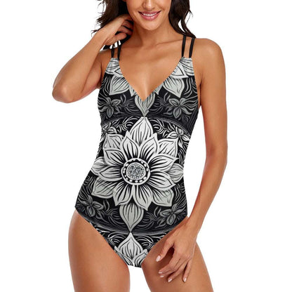 luckeladybug zebra flower one-piece swimsuit with black and white floral design and thin straps