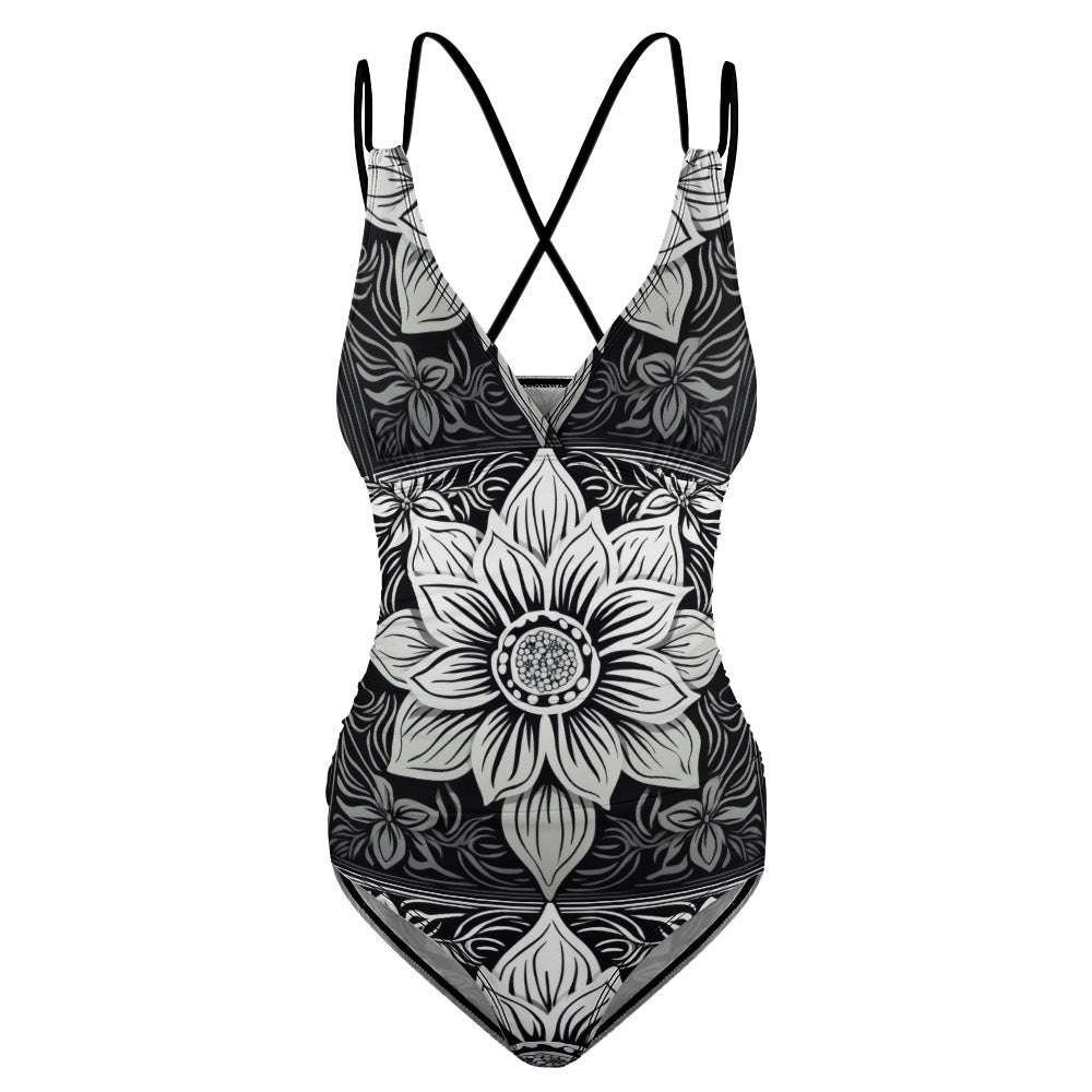 Luckeladybug zebra flower one-piece swimsuit with black and white floral and zebra stripe design