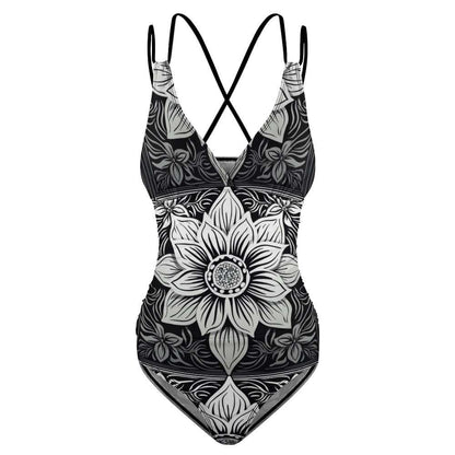 Luckeladybug zebra flower one-piece swimsuit with black and white floral and zebra stripe design