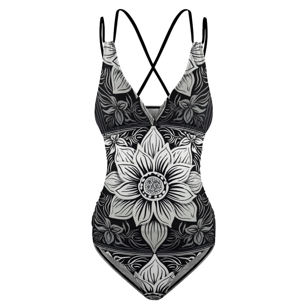 Luckeladybug zebra flower one-piece swimsuit with black and white floral and zebra stripe design