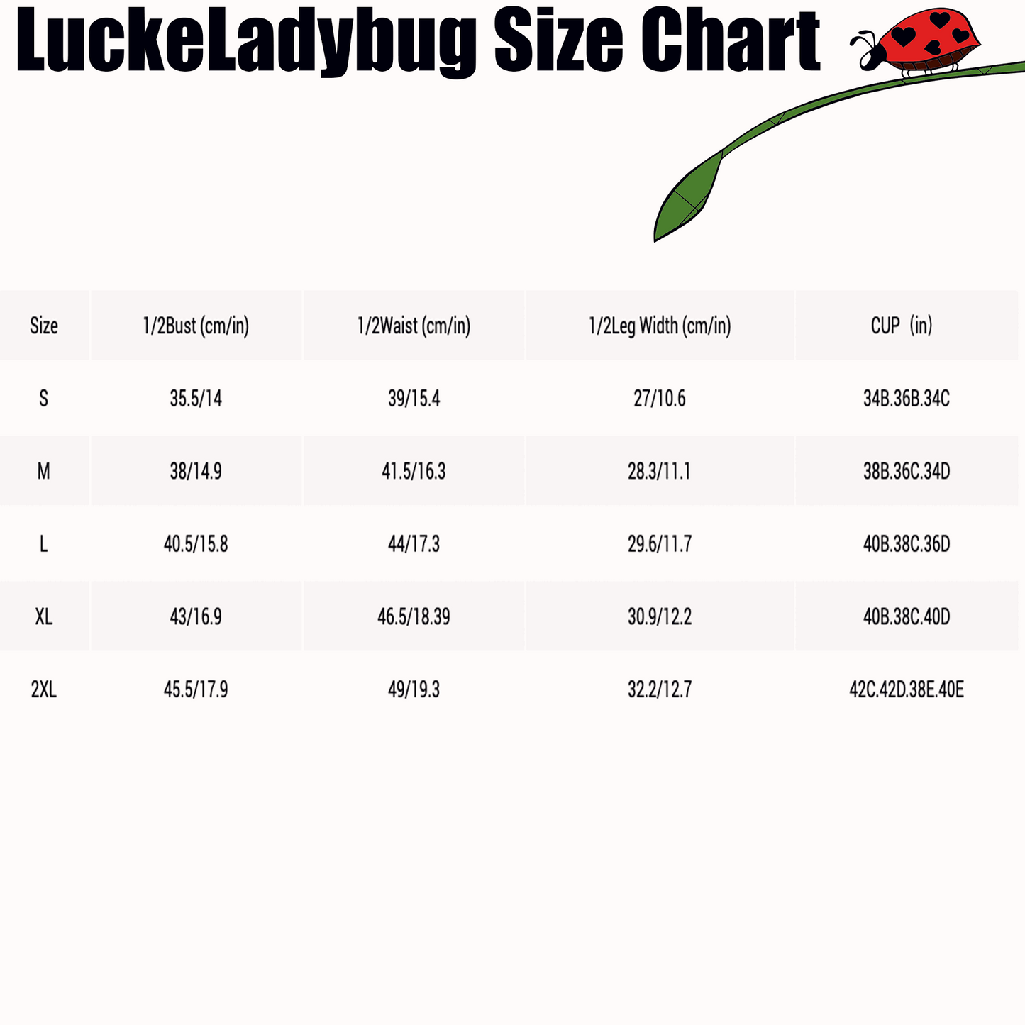 LuckeLadybug size chart for one-pieces showing bust waist leg width and cup measurements