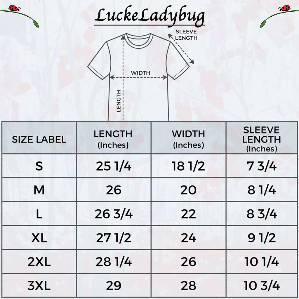 LuckeLadybug LLC T-Shirt Size Chart with Length, Width, and Sleeve Length for Zendaya Fans