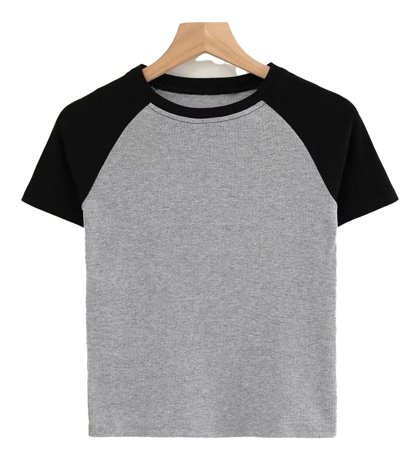 90s vintage crop top in gray and black with a classic raglan sleeve design