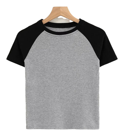 90s vintage crop top in gray and black with a classic raglan sleeve design