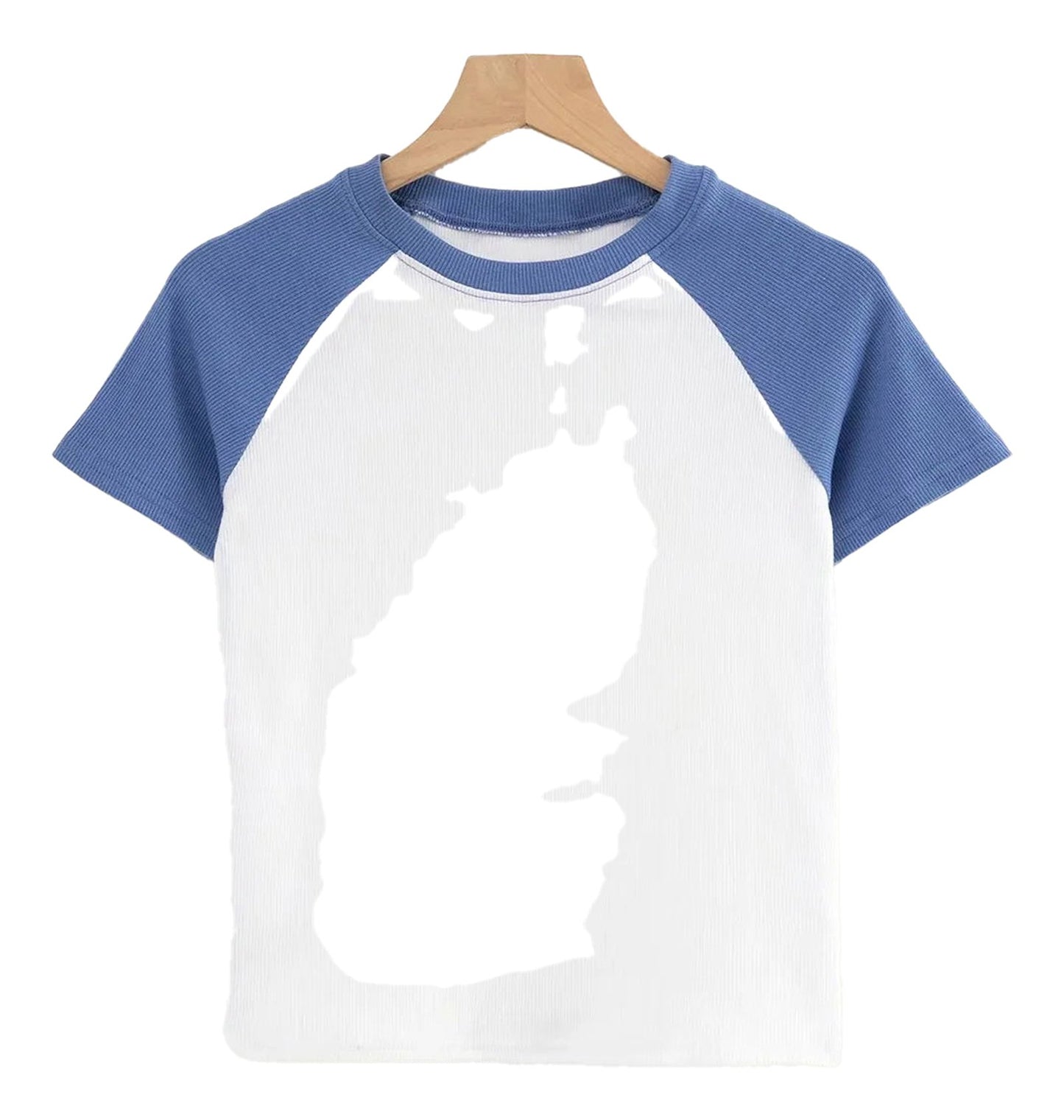 LuckeLadybug LLC 90s vintage crop top with blue sleeves and white body, perfect for retro fashion enthusiasts