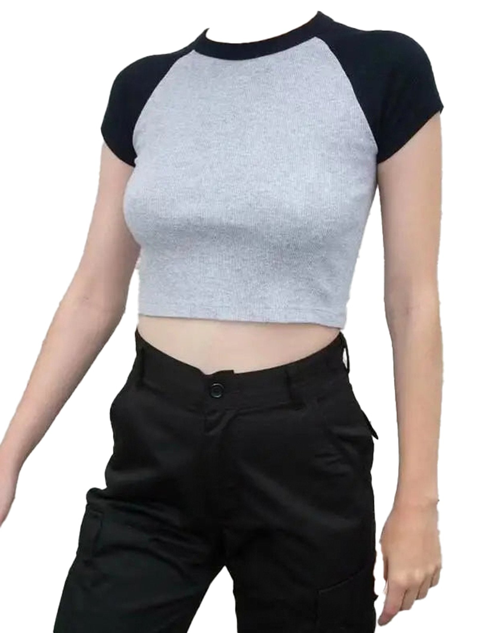 LuckeLadybug LLC 90s vintage crop top in gray with black sleeves, perfect for casual outfits