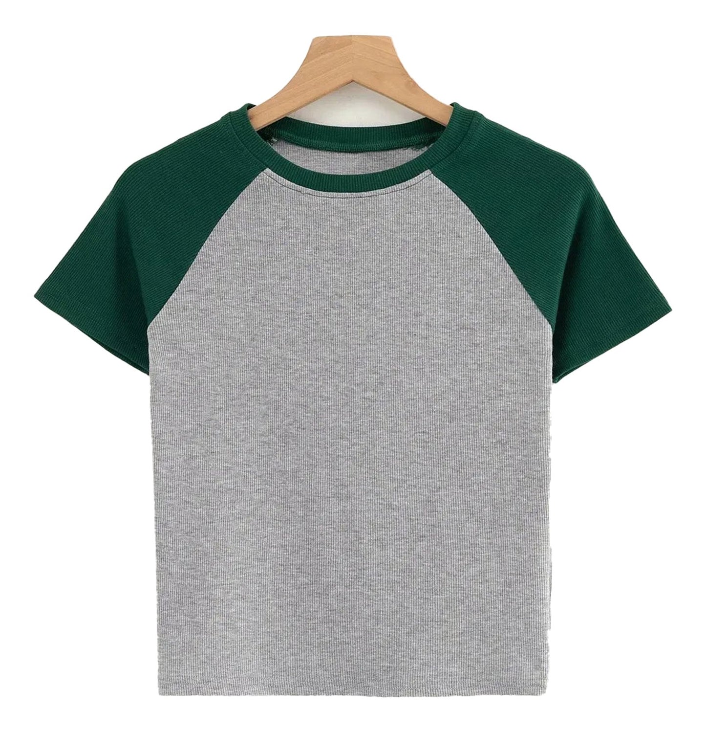 Stylish LuckeLadybug LLC 90s vintage crop top with gray body and green sleeves