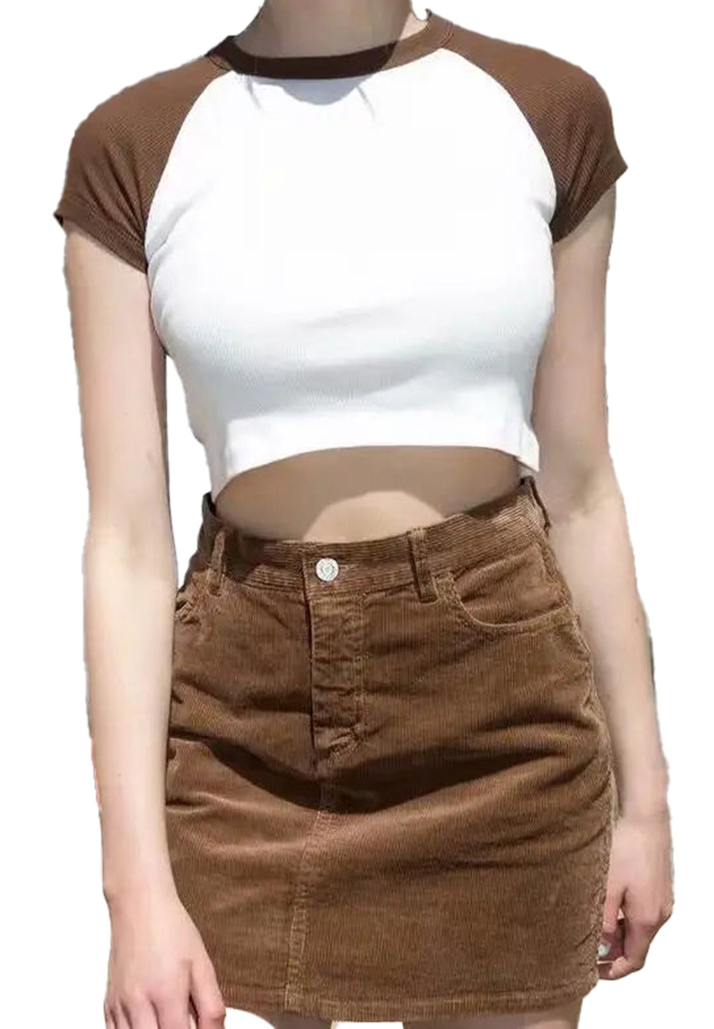 LuckeLadybug LLC 90s vintage crop top in white and brown with a fitted design for a retro look