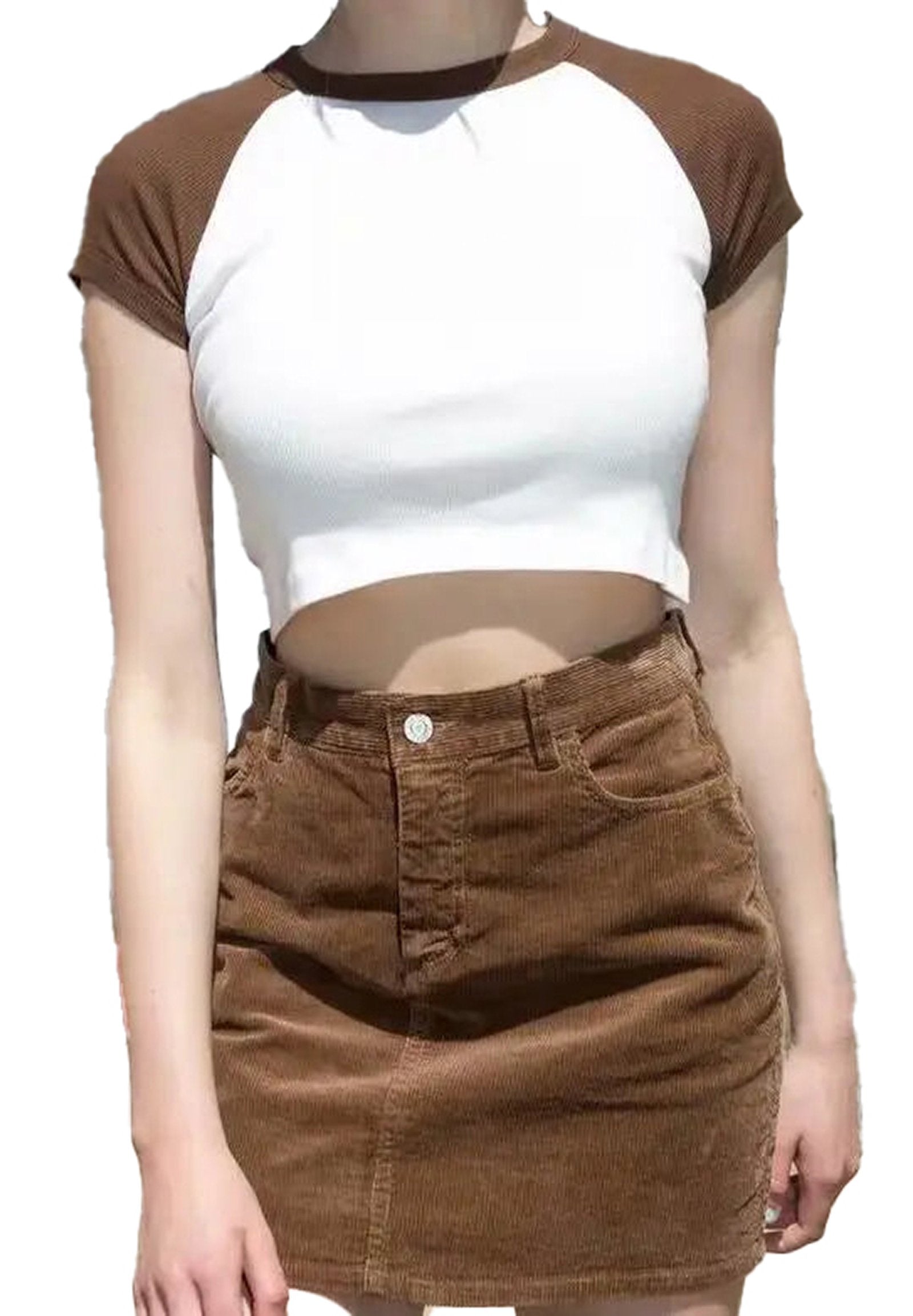 LuckeLadybug LLC 90s vintage crop top in white and brown with a fitted design for a retro look