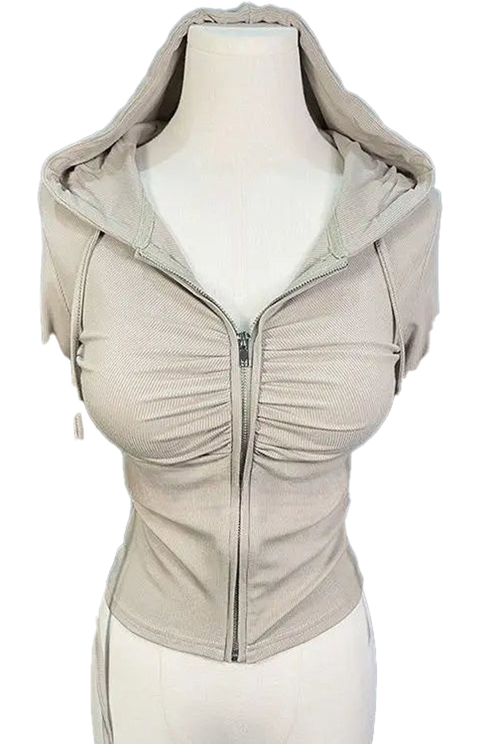 Beige zip up hoodie for women with a fitted design and gathered front detailing