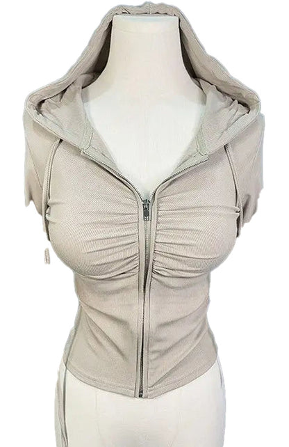 Beige zip up hoodie for women with a fitted design and gathered front detailing