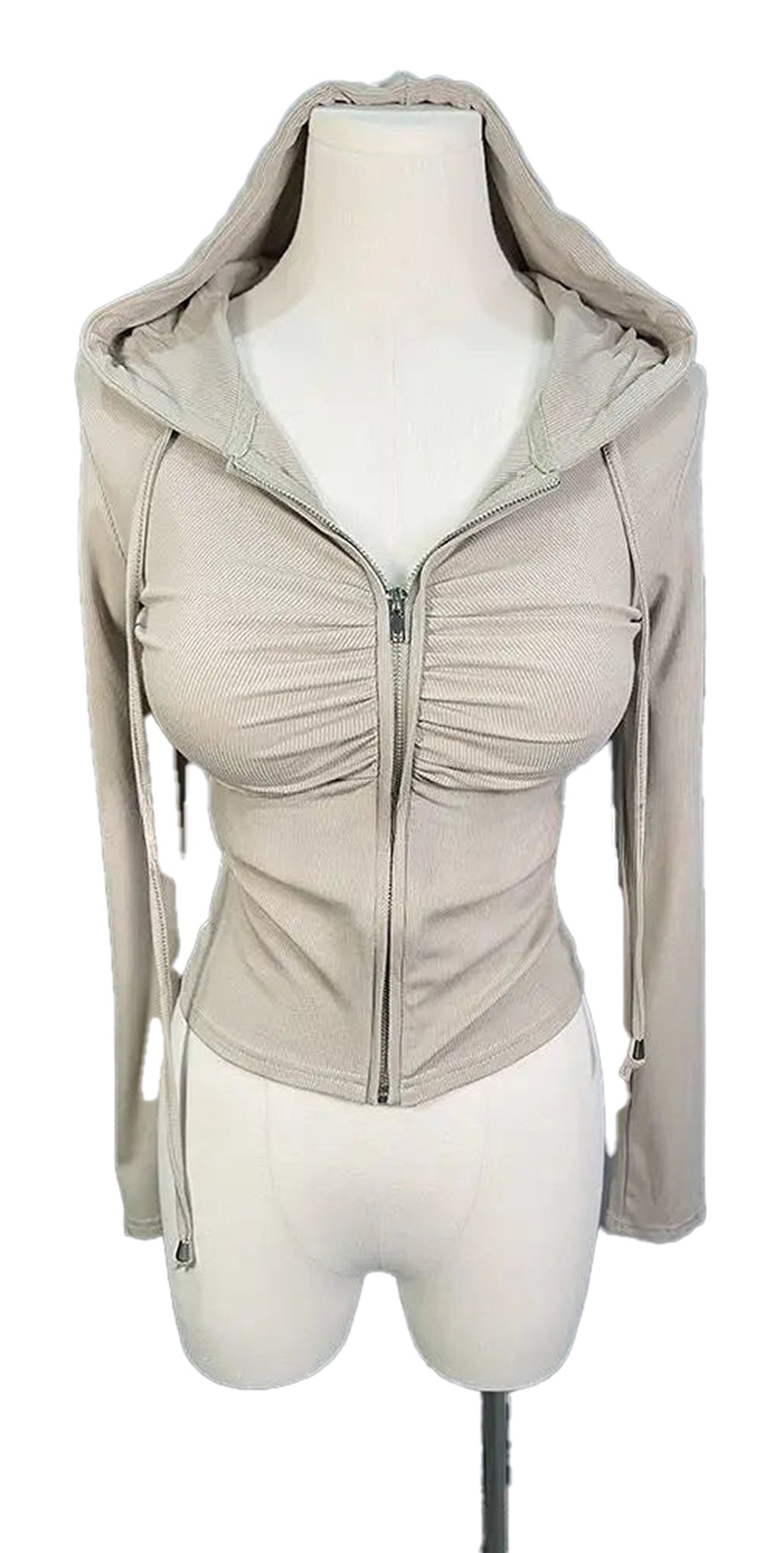 Beige zip up hoodie for women with ruched design and front zipper closure
