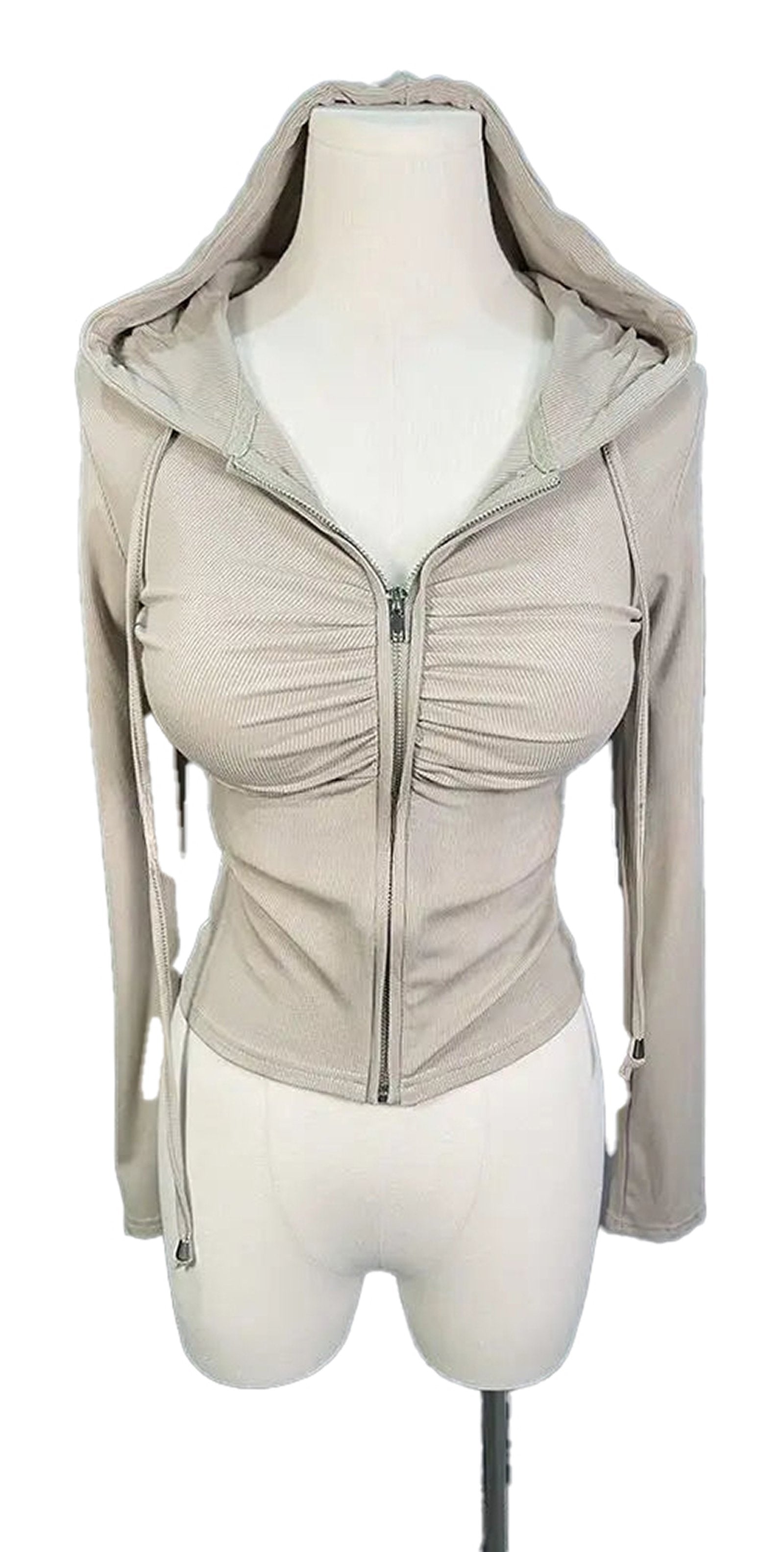 Beige zip up hoodie for women with ruched design and front zipper closure