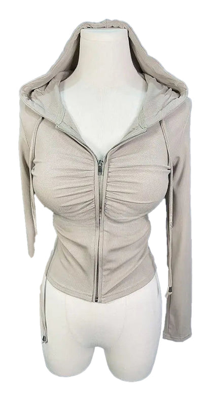 LuckeLadybug LLC zip up hoodie for women in light beige with gathered front detail and hood