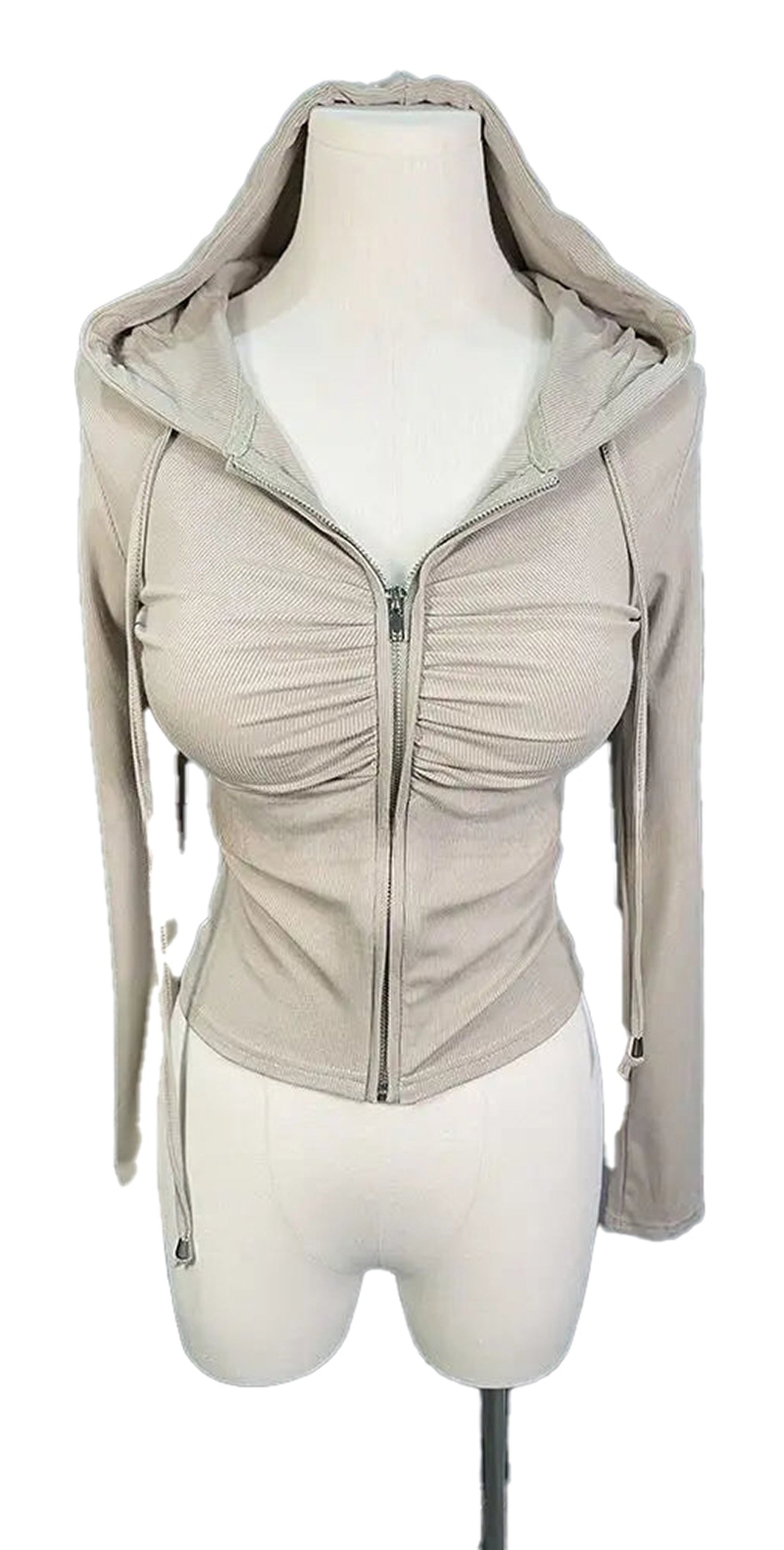 Beige zip up hoodie for women featuring gathered details and a comfortable fit