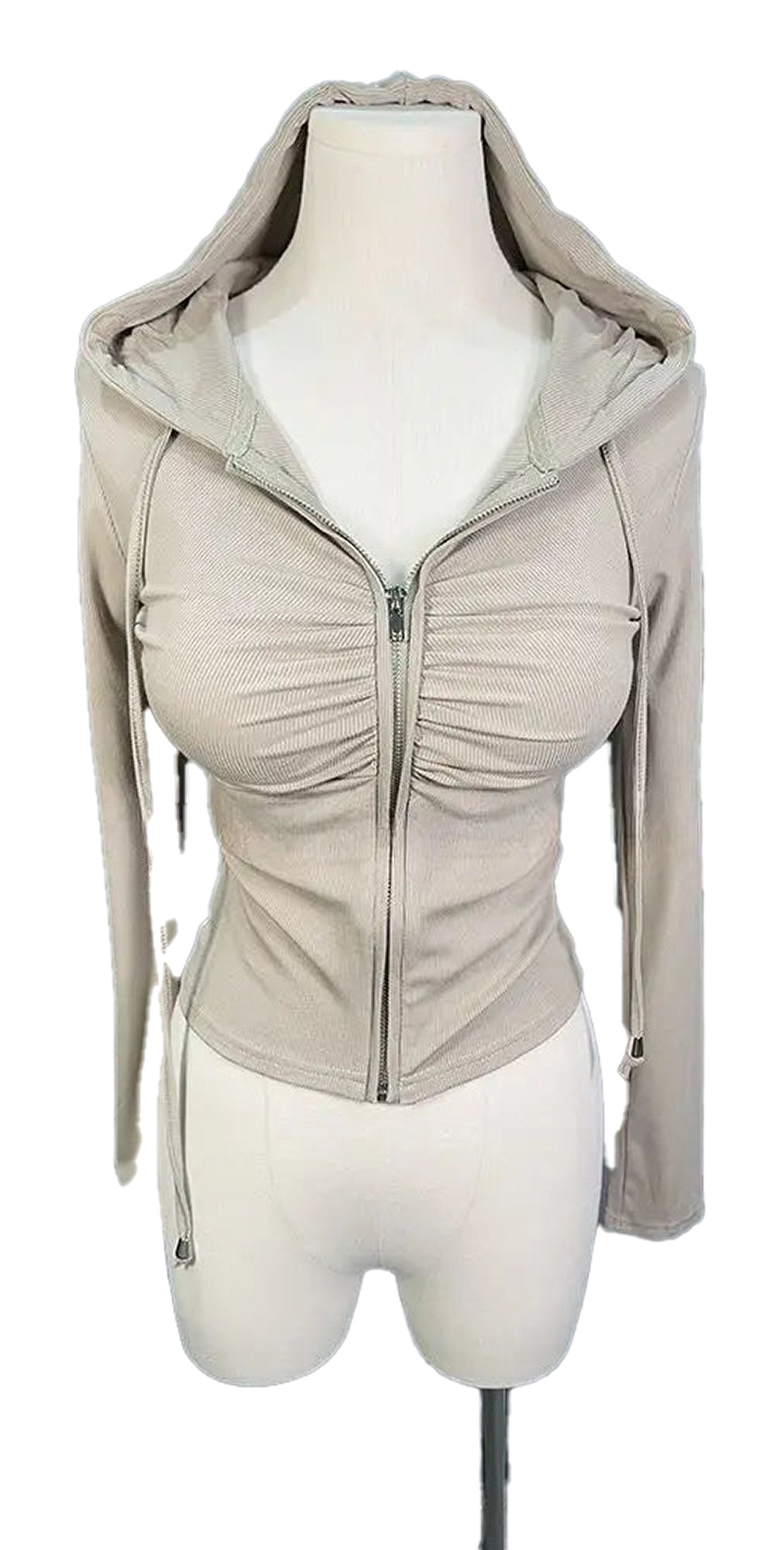 Beige zip up hoodie for women featuring gathered details and a comfortable fit