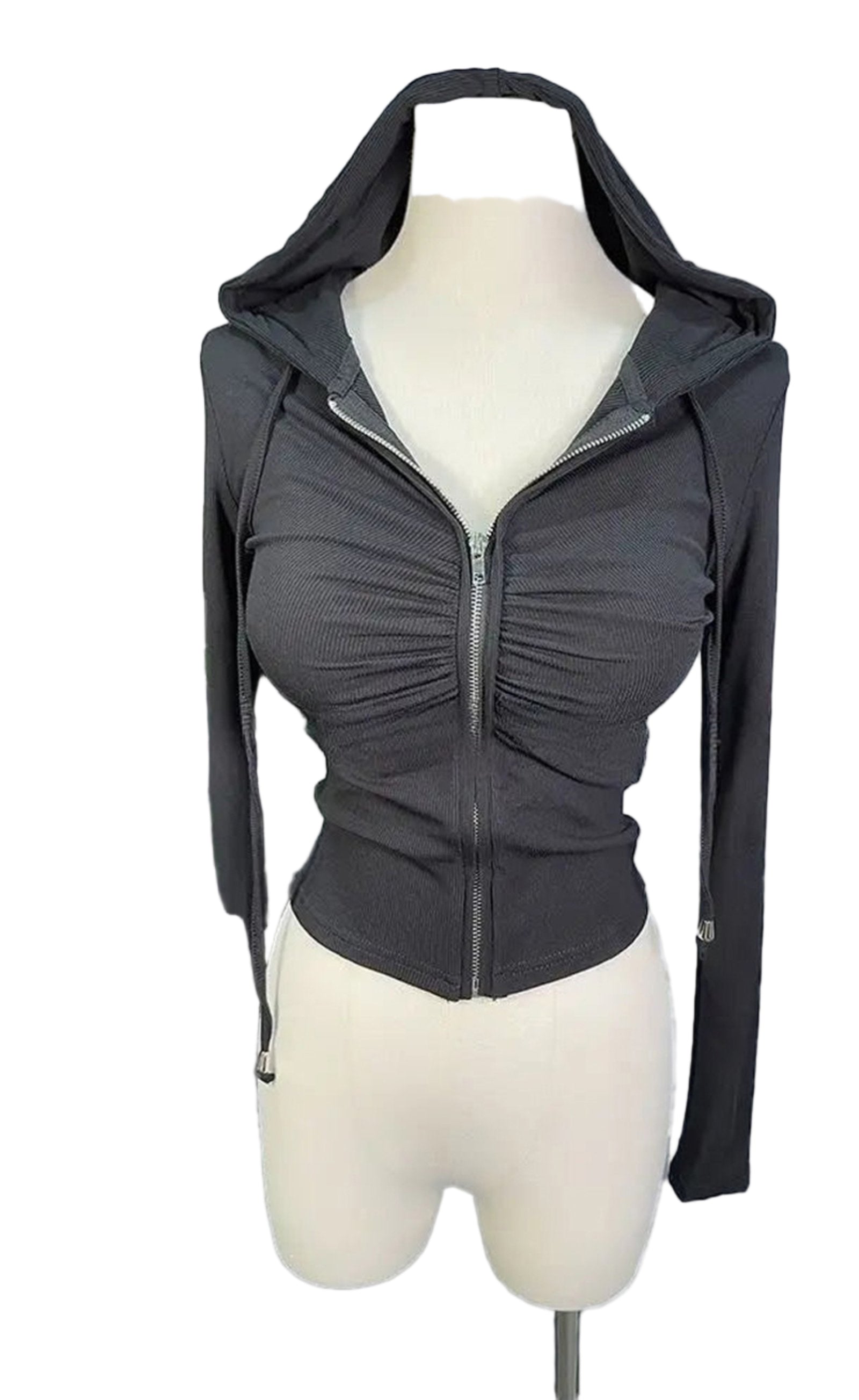 Black zip up hoodie for women featuring a fitted design and gathered front for a stylish look