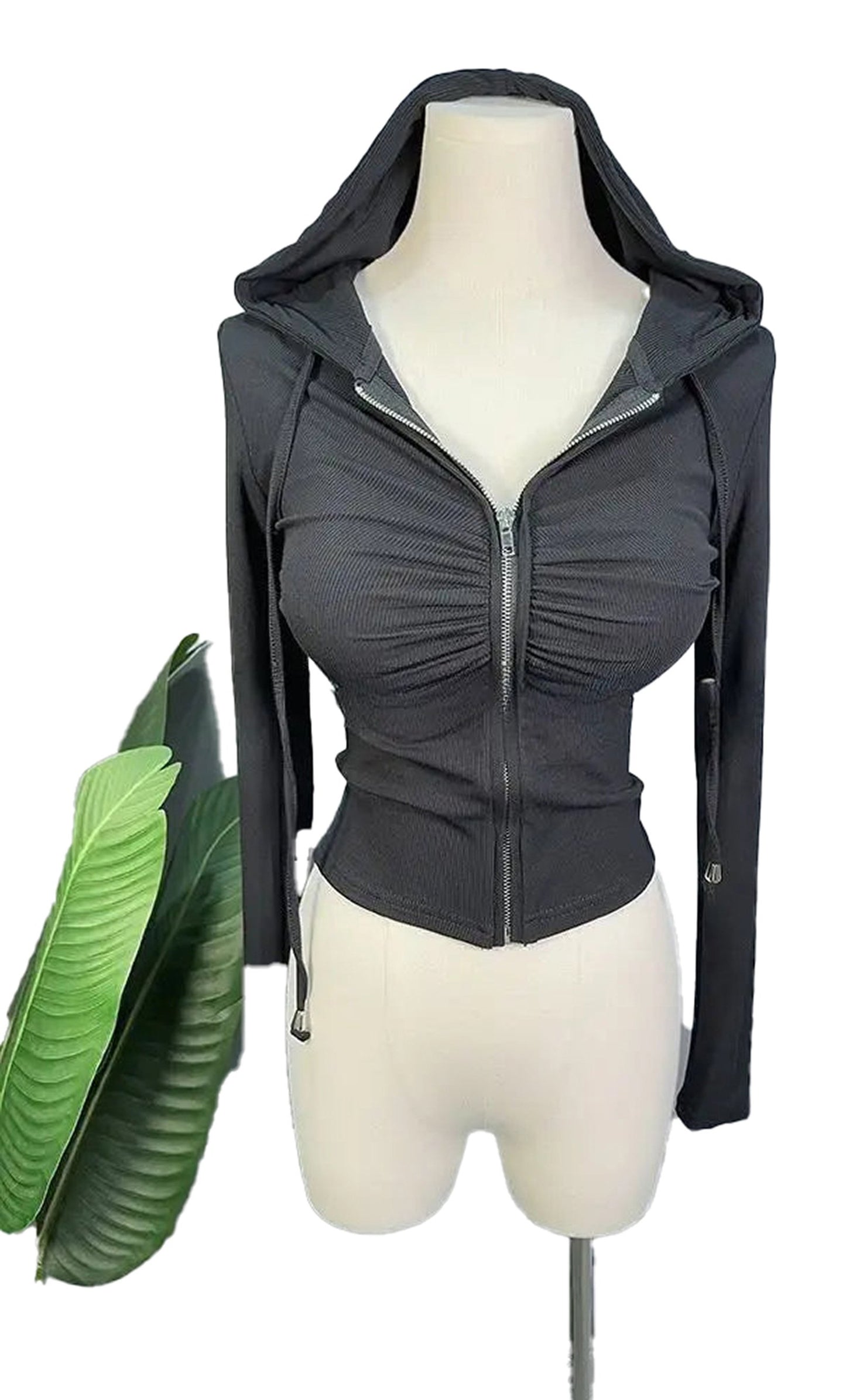 Black zip up hoodie for women featuring a stylish fitted design and drawstring hood