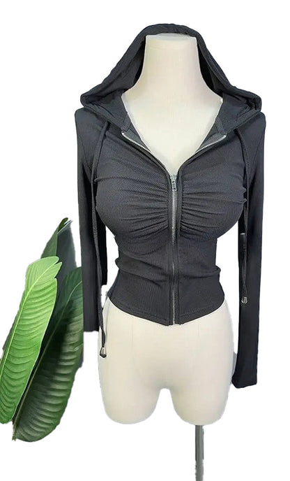 Black zip up hoodie for women featuring a stylish fitted design and drawstring hood