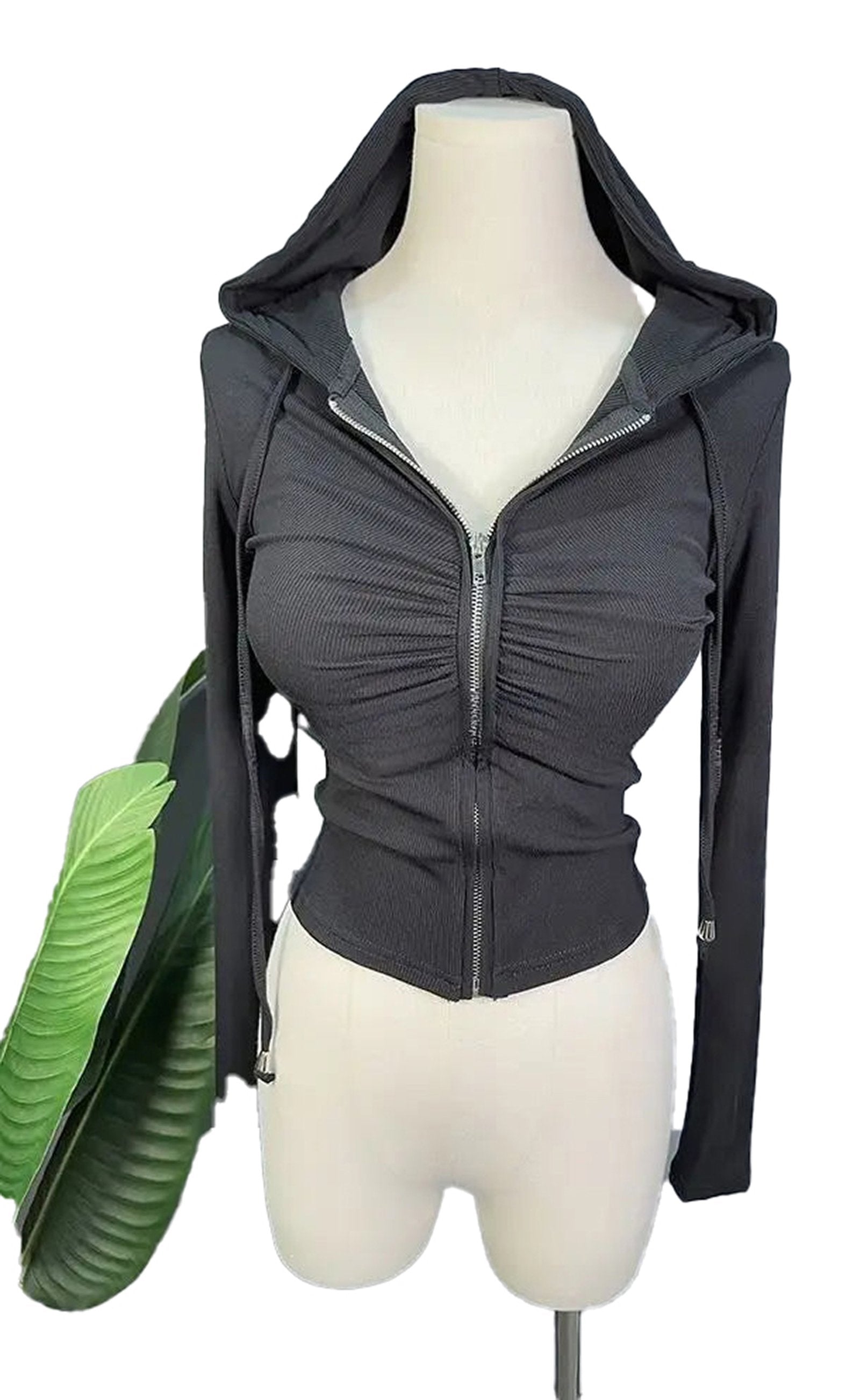 Stylish black zip up hoodie for women with a fitted design and flattering ruched details