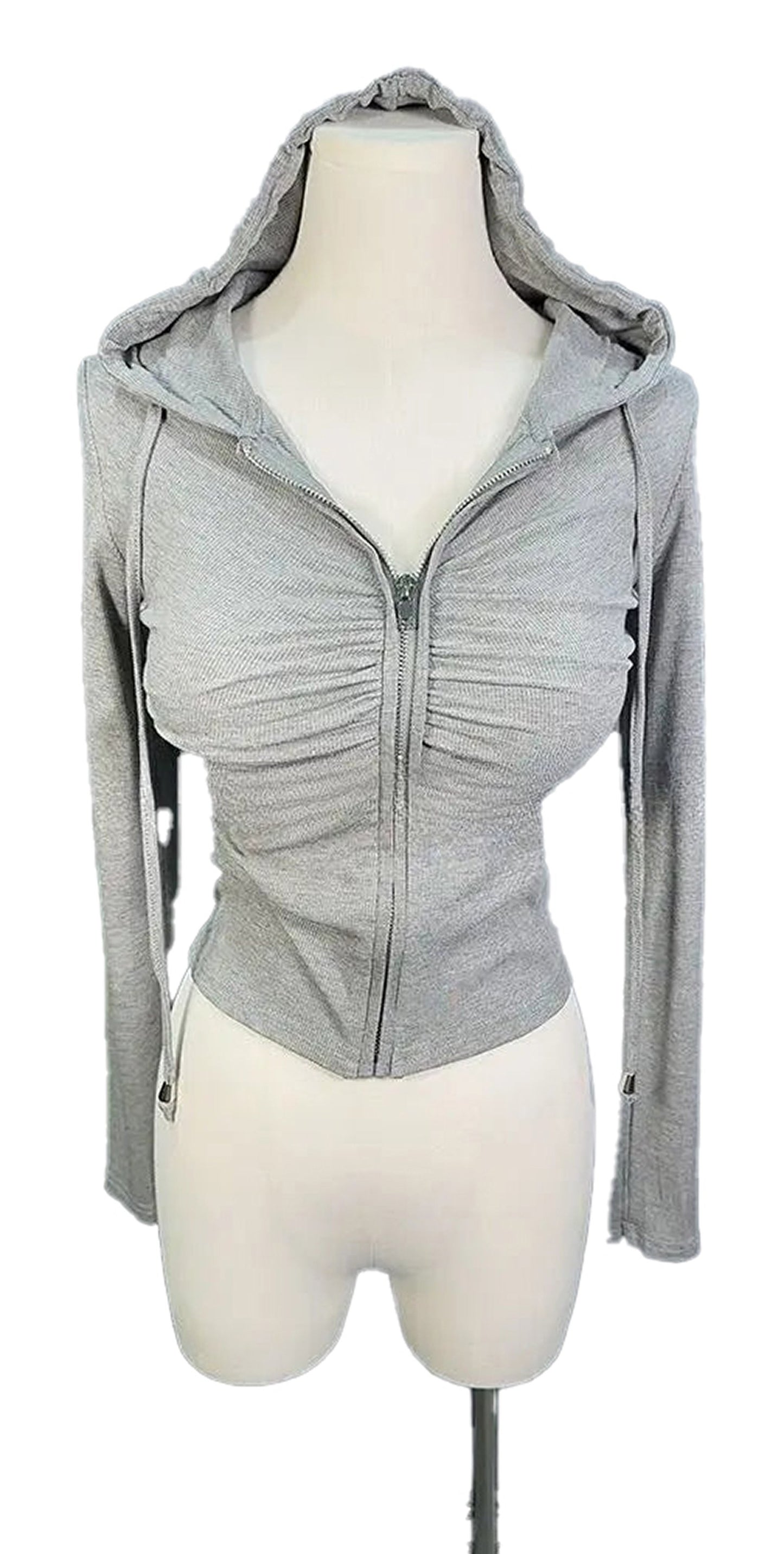 Gray zip up hoodie for women with ruched design and adjustable hood for a stylish fit