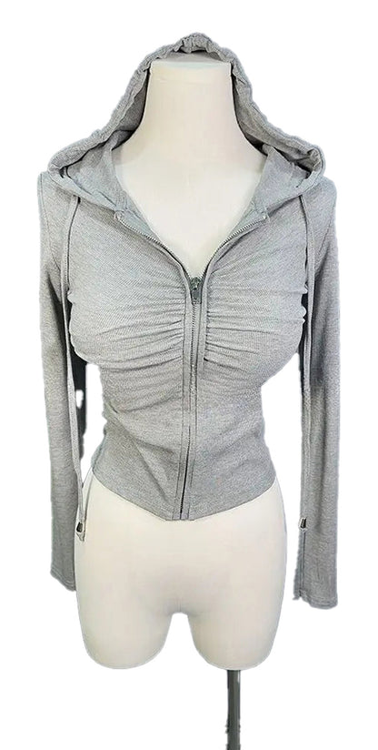 Gray zip up hoodie for women with ruched design and adjustable hood for a stylish fit