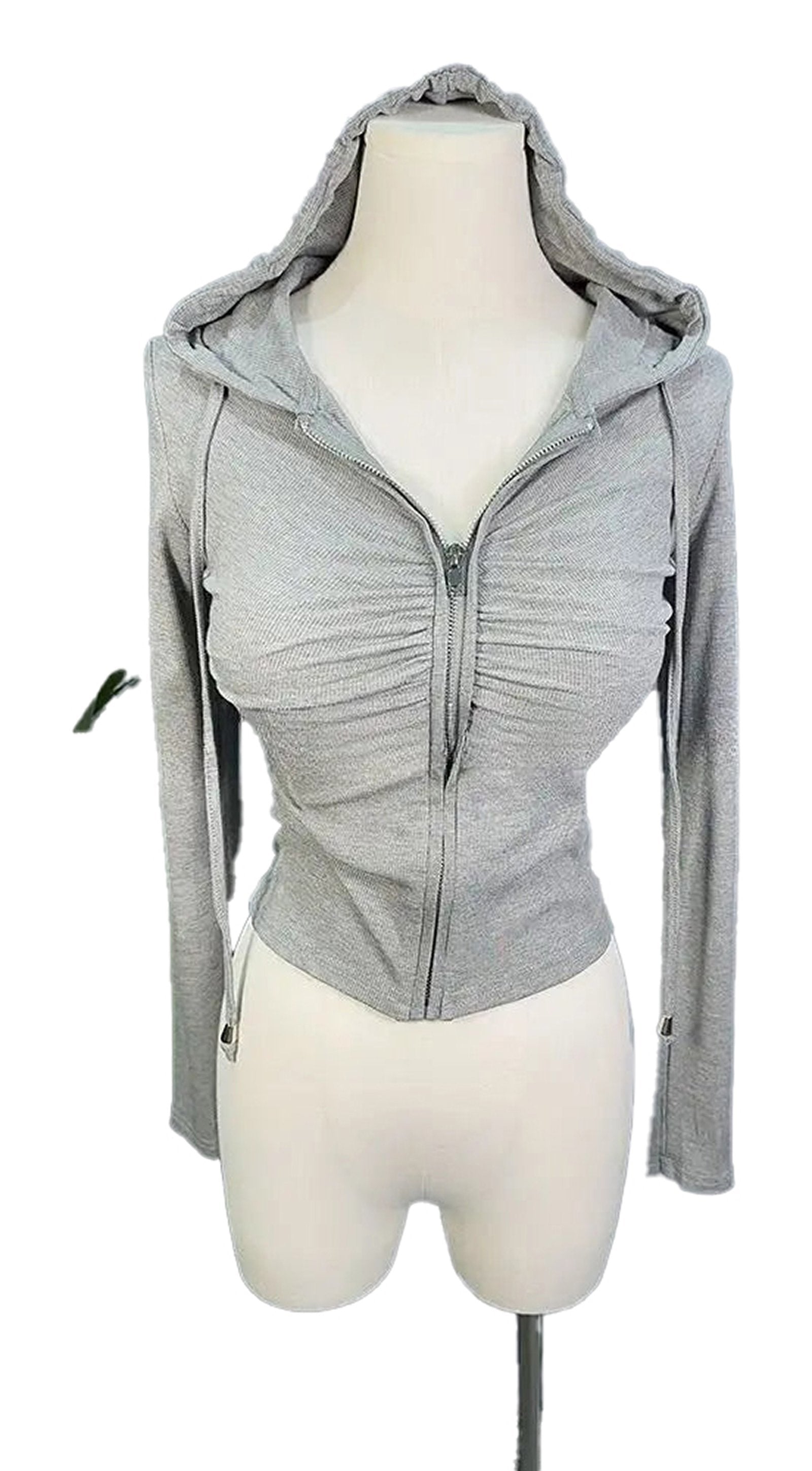 Stylish gray zip up hoodie for women with a fitted design and drawstring hood