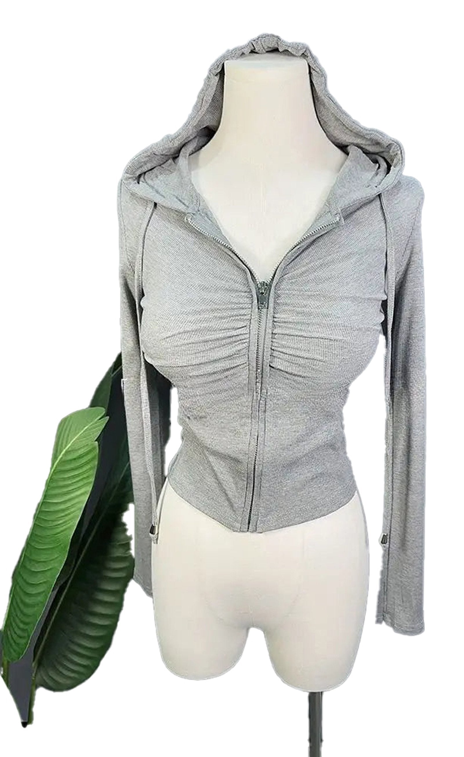 Gray zip up hoodie for women with ruched design and fitted silhouette