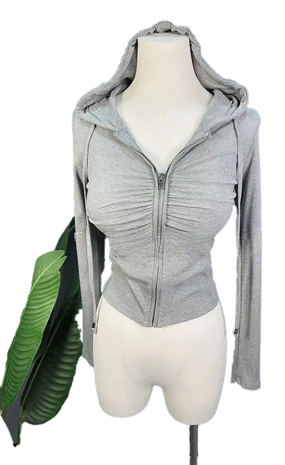 Gray zip up hoodie for women with ruched design and fitted silhouette