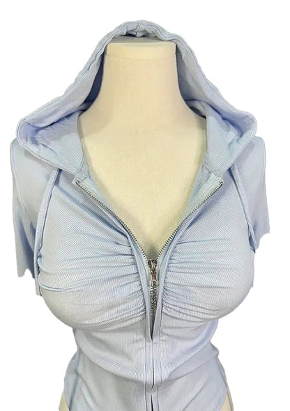 Light blue zip up hoodie for women with gathered detailing and a comfortable fit