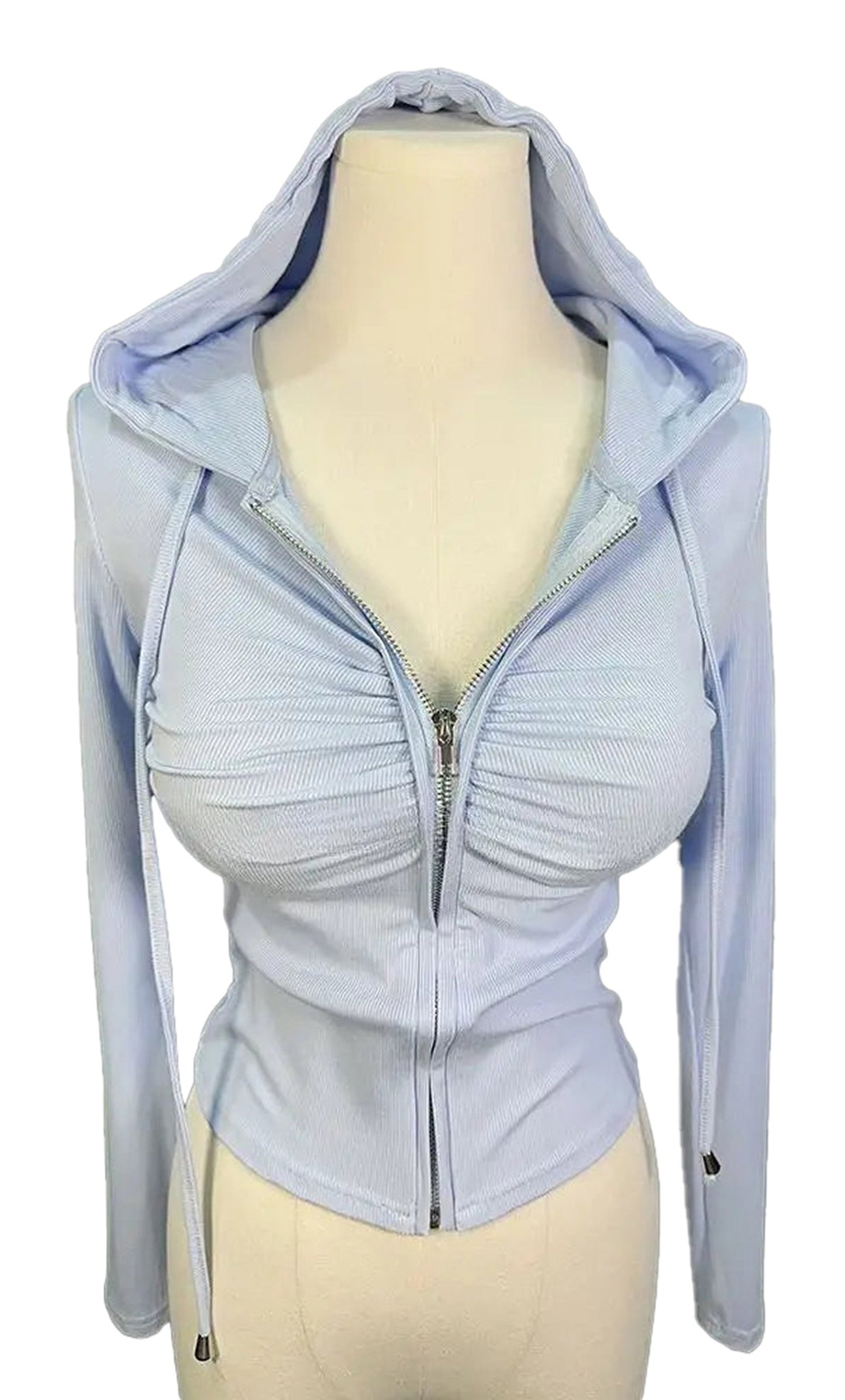 Light blue zip up hoodie for women with gathered front and fitted design