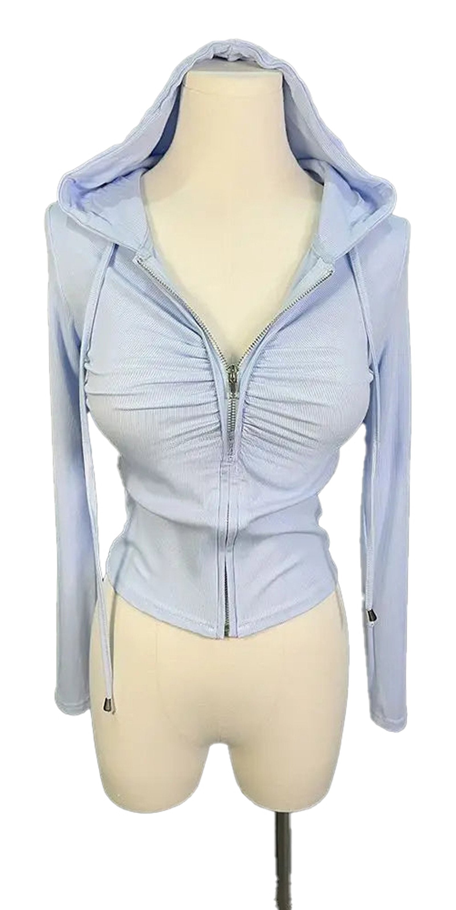 Light blue zip up hoodie for women with ruched detailing and a comfortable fit