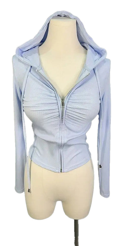 Light blue zip up hoodie for women with ruched detailing and a comfortable fit