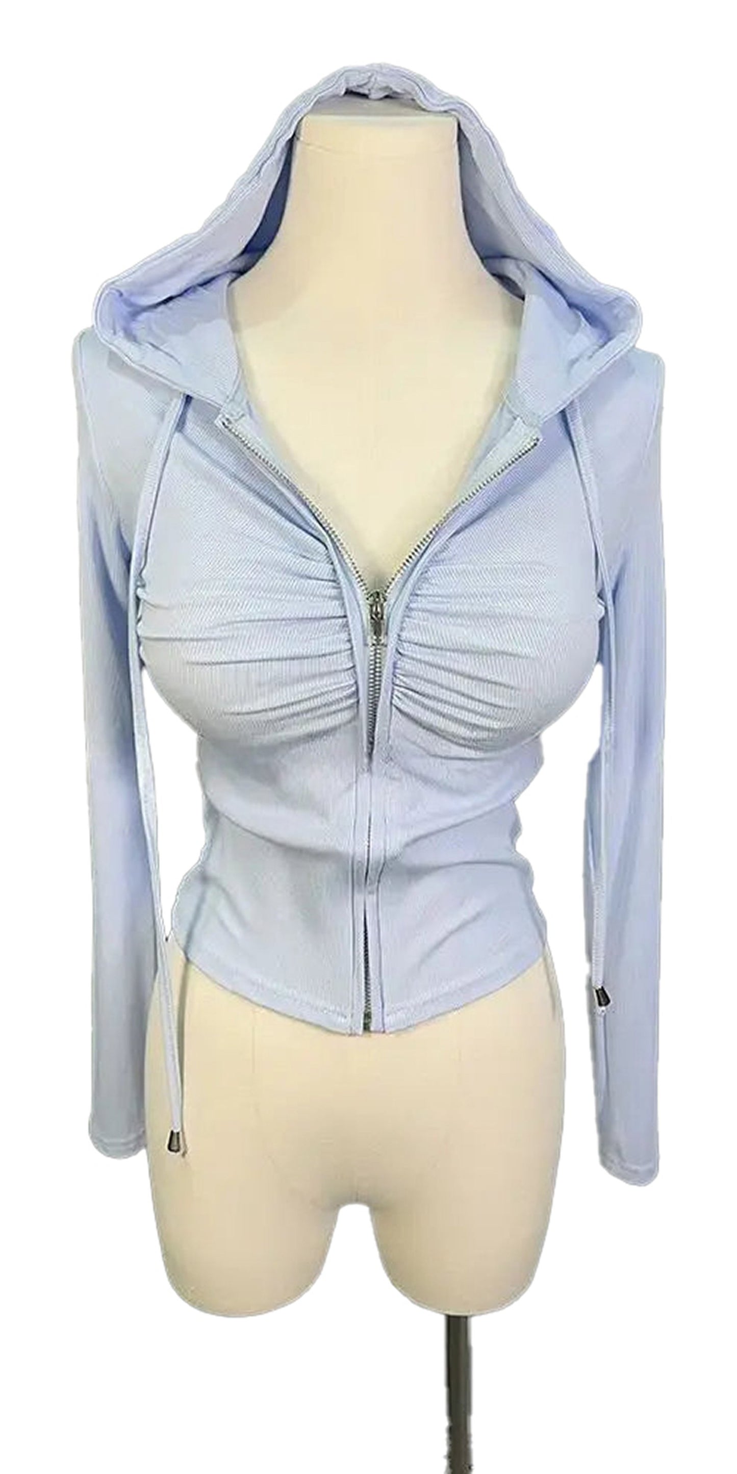 Light blue zip up hoodie for women with ruched detail, featuring a stylish design and comfortable fit