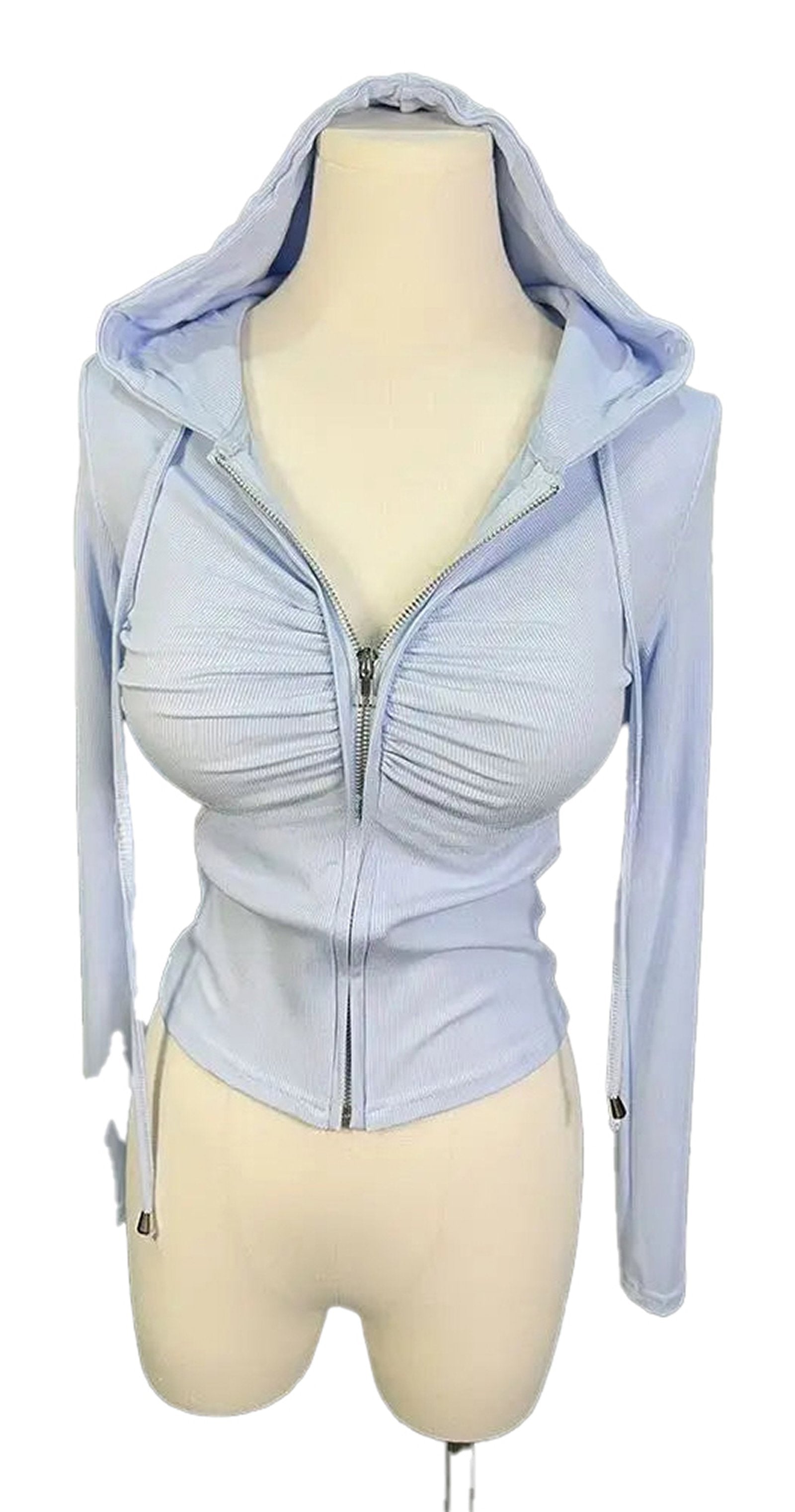 Light blue zip up hoodie for women with ruched detailing and a fitted design