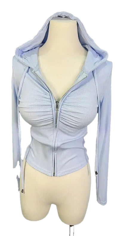 Light blue zip up hoodie for women with ruched detailing and a fitted design