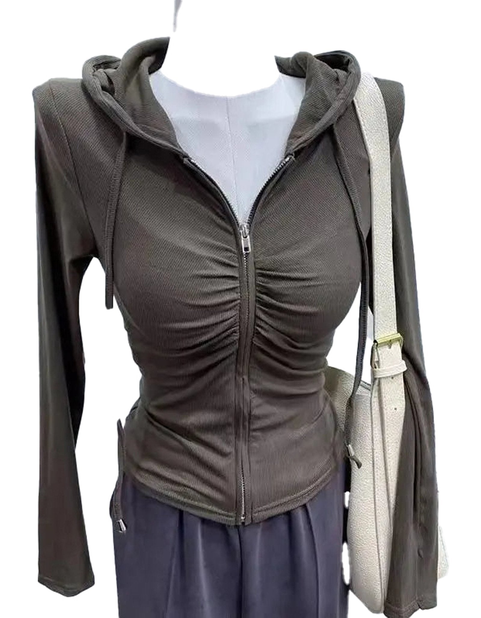 Olive green zip up hoodie for women with gathered front design and lightweight fabric